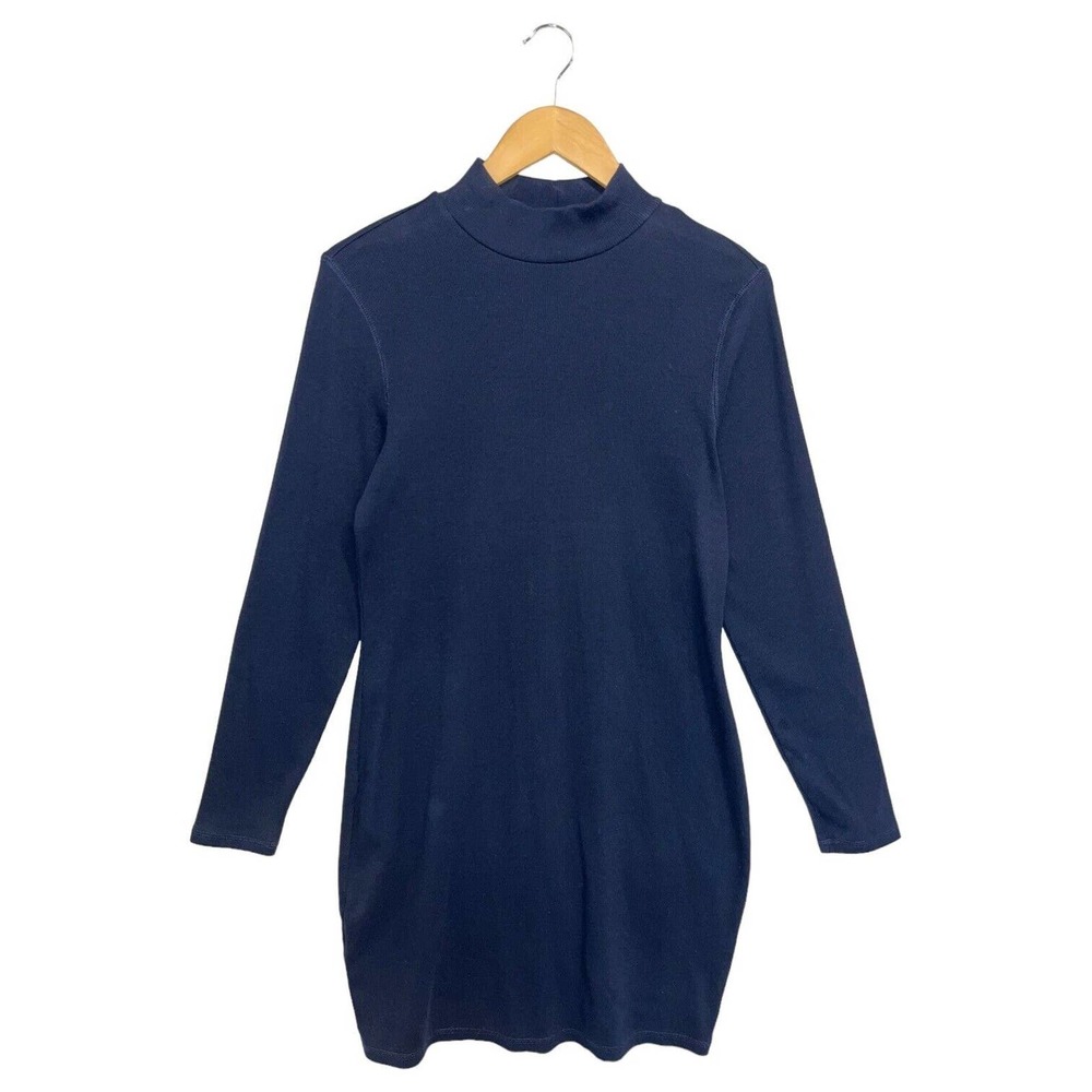 Old Navy Dress Womens L High Mock Neck Micro Ribbed Long Sleeve Bodycon Blue